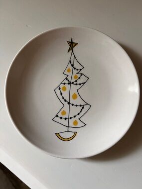 Holiday Ceramic Plate with Yellow Tree Design